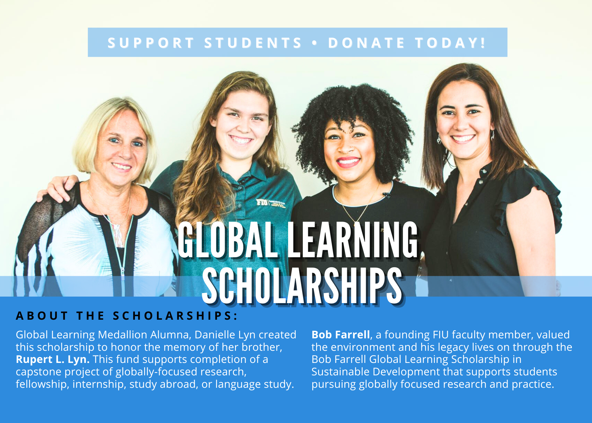 Global Learning scholarships flyer for Rupert Lyn Capstone scholarship and Robert V. Farrell scholarship.